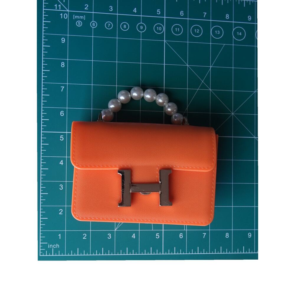 Girls Orange Mini Handbag Pearl Handle H Buckle Plastic Toy Purse - Picture 8 of 9